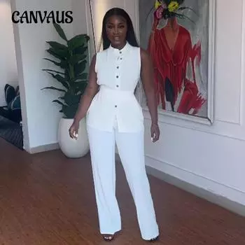 Женский летний костюм с воротником-стойкой и пуговицами без рукавов на талии с завязками и широкими брюками S красный