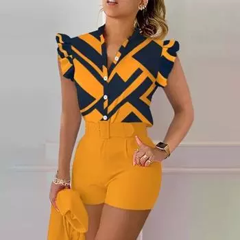 Женский летний костюм, сексуальный пояс, стиль OL, женский летний костюм с узкой талией, женский летний костюм, рубашка, шорты, костюм, женская одежда S жёлтый