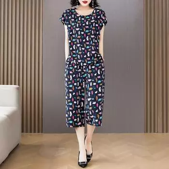 Женский летний костюм среднего возраста, новый повседневный свободный комплект из двух предметов со штанами, женские наряды, летняя винтажная одежда с принтом XL