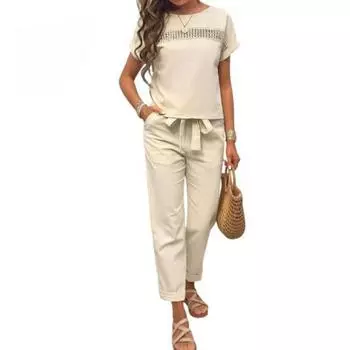 Женский летний костюм, свободная футболка с круглым вырезом и короткими рукавами, брюки с завязкой на талии, комплект из двух предметов 3XL чёрный