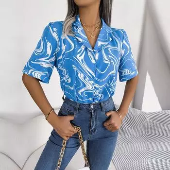 Женский летний костюм, свободная рубашка с контрастным воротником и короткими рукавами, однобортные универсальные топы S синий