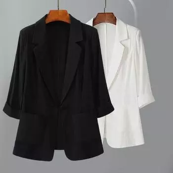 Женский летний костюм Yousheng, пальто с лацканами, рукавом 3/4, приталенный повседневный пиджак с одной пуговицей, карманами-клапанами, однотонное солнцезащитное пальто M чёрный