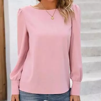 Женский летний кружевной повседневный однотонный топ с открытой спиной и длинными рукавами S розовый