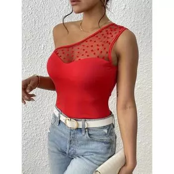 Женский летний кружевной повседневный топ на одно плечо S красный