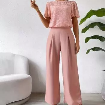Женский летний кружевной прозрачный комплект с длинными прямыми брюками и длинными рукавами с рюшами S розовый