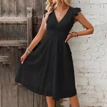 Женский летний кружевной сарафан с v-образным вырезом и запахом, с рюшами и рукавами в стиле бохо, с цветочным принтом и эластичной резинкой на талии, милые короткие платья XL чёрный