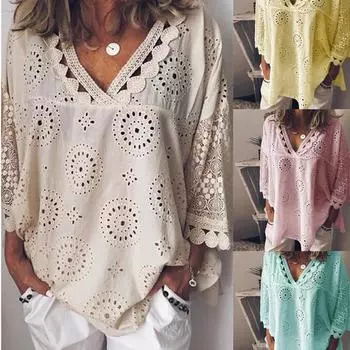 Женский летний кружевной свободный топ с v-образным вырезом в стиле пэчворк, повседневная уличная футболка для отпуска, топы S розовый