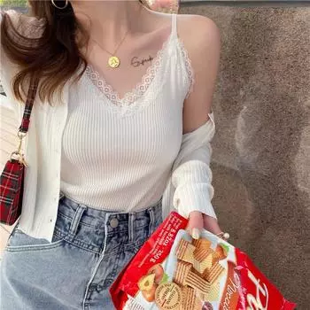 Женский летний кружевной жилет с v-образным вырезом без рукавов, рубашка с внутренней нижней частью, облегающий топ из ледяного шелка, однотонные топы One Size чёрный