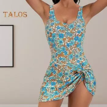 Женский летний купальник, комплект из 2 шт./компл., трусы с круглым вырезом, без рукавов, с цветочным принтом и узлом, купальное платье с комплектом трусов, пляжная одежда L чёрный