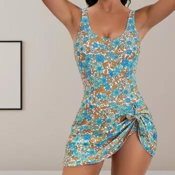 Женский летний купальник, комплект из 2 шт./компл., трусы с круглым вырезом без рукавов с цветочным принтом и узлом, купальное платье с трусами M чёрный