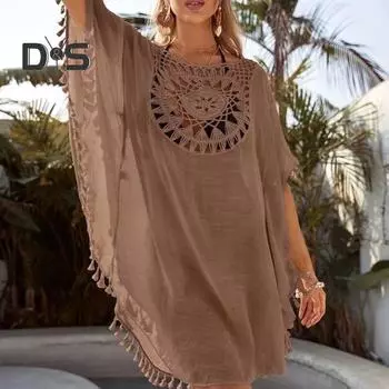 Женский летний купальник, повседневный, с открытыми плечами, с кисточками, пляжный халат, свободный, прозрачный, бикини, накидка для пляжа, бассейна, загара синий