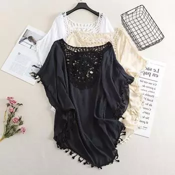 Женский летний купальник, повседневный, с открытыми плечами, с кисточками, пляжный халат, свободный, прозрачный, бикини, накидка для пляжа, бассейна, загара бежевый