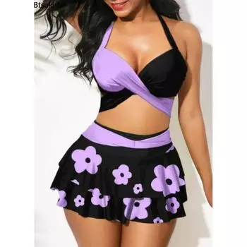 Женский летний купальник пуш-ап, комплект бикини из 2 предметов, женский спортивный купальник с высокой талией и юбкой-накидкой, купальный костюм S-3XL