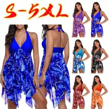 Женский летний купальник с нерегулярной подкладкой и принтом, платье для плавания с лямкой на шее, пляжная одежда, купальник из двух частей, купальный костюм, танкини больших размеров S оранжевый