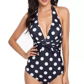 Женский летний купальник в стиле ретро в горошек, цельный купальник с лямкой на шее S чёрный