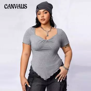 Женский летний квадратный воротник утягивающий нерегулярный трикотажный топ с короткими рукавами 1XL серый