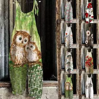 Женский летний милый свободный повседневный комбинезон с принтом в стиле ретро и ремешками S зелёный