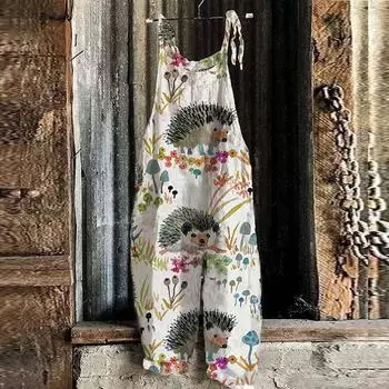 Женский летний милый свободный повседневный комбинезон с принтом в стиле ретро и ремешками XXL белый