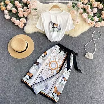 Женский летний модельер с принтом лошади, взлетно-посадочная полоса, белая футболка с коротким рукавом и круглым вырезом + юбка-миди с высокой талией, наряды из двух частей S белый