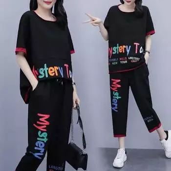 Женский летний модный двухсекционный костюм большого размера в корейском стиле в повседневном спортивном стиле XXXXXL чёрный