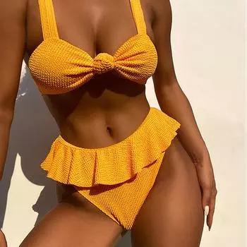 Женский летний модный однотонный купальник, сексуальный складной купальник на шнуровке с воланами на талии и бантом, разделенный купальник, комплект бикини из двух предметов S жёлтый