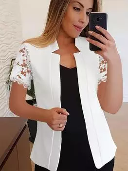 Женский летний модный однотонный темпераментный кружевной костюм с короткими рукавами профессиональный повседневный пиджак S белый