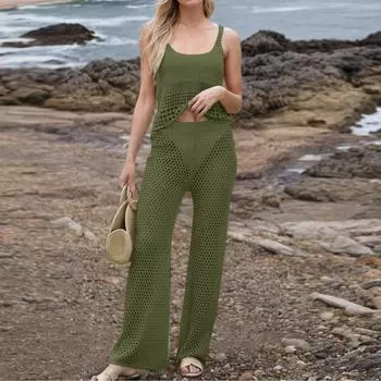 Женский летний модный пляжный комплект из повседневных свободных брюк без рукавов с U-образным вырезом XL