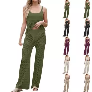 Женский летний модный пляжный комплект из повседневных свободных брюк без рукавов с U-образным вырезом L армия зеленый