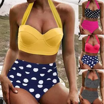 Женский летний модный повседневный купальник в горошек с высокой талией, разделенный костюм из двух частей, бикини, купальник