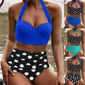 Женский летний модный повседневный купальник в горошек с высокой талией, разделенный костюм из двух частей, бикини, купальник