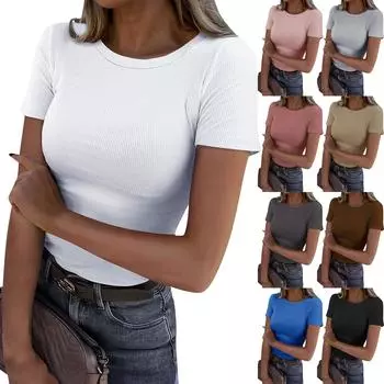 Женский летний модный повседневный однотонный топ с круглым вырезом и коротким рукавом, тонкий ребристый топ L чёрный