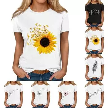 Женский летний модный повседневный топ с коротким рукавом и круглым вырезом с принтом L чёрный