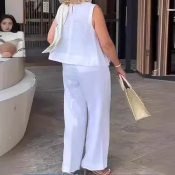 Женский летний модный простой топ без рукавов, свободные широкие брюки, комплект из хлопка и льна, костюмы и комплекты для женщин XL серый