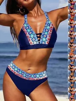 Женский летний модный сексуальный комплект бикини, купальник, пляжный комплект, комплект из двух предметов, женский купальник в стиле ретро с принтом, S-5XL S чёрный