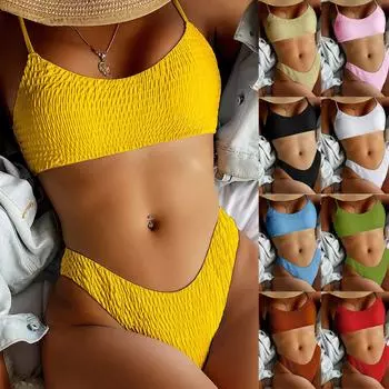 Женский летний модный сексуальный однотонный комплект бикини со шнуровкой на талии и раздельным купальником S чёрный