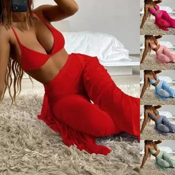 Женский летний модный сексуальный однотонный купальник с открытой спиной на шнуровке и рюшами на талии, сетчатые брюки, купальник из трех частей M розовый