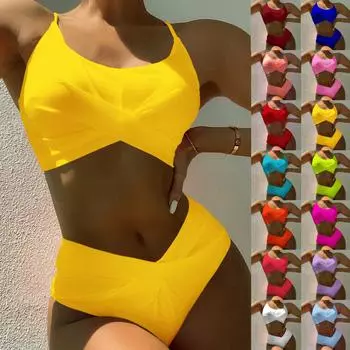 Женский летний модный сексуальный однотонный купальник ярких цветов с перекрестной талией и разделенной пряжкой, комплект бикини на бретельках M горячий розовый