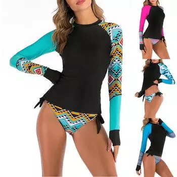 Женский летний модный сексуальный принт с длинными рукавами и круглым вырезом на талии, консервативный купальник с разрезом L синий