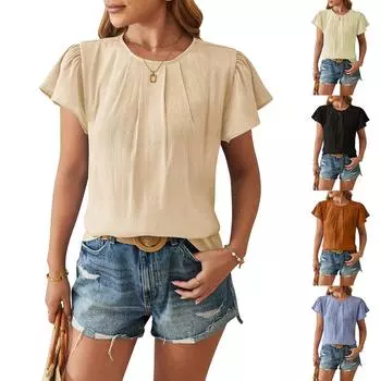 Женский летний модный свободный топ с круглым вырезом и плиссированными рукавами-лепестками L чёрный