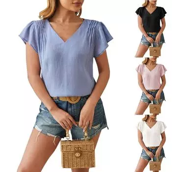 Женский летний модный свободный топ с v-образным вырезом и плиссированными рукавами-лепестками L чёрный