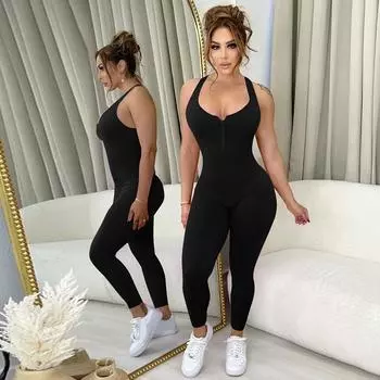 Женский летний модный уличный комбинезон 2025 года, однотонный, облегающий, на молнии, с бретельками S темно-коричневого