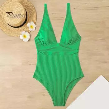 Женский летний монокини с глубоким v-образным вырезом без рукавов, цельный купальник в рубчик, дышащий однотонный быстросохнущий купальный костюм M зелёный