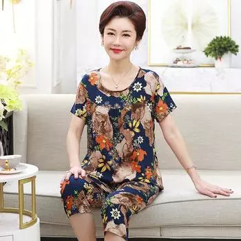 Женский летний мягкий стильный спальный костюм с эластичной резинкой на талии среднего возраста, футболка и брюки, комплект одежды, пижамы для мам XXXXL