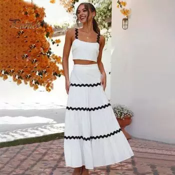 Женский летний наряд из 2 шт./компл., топы на бретелях с высокой талией и рюшами, комплект макси-юбки, комплект в полоску, уличная одежда S светло-желтого