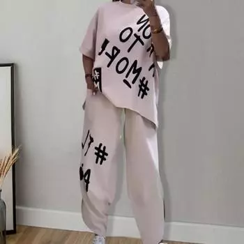 Женский летний наряд из 2 шт./компл., футболка с круглым вырезом и короткими рукавами, завязки на талии, шаровары с карманами, комплект, повседневный спортивный костюм с буквенным принтом 2XL розы красного