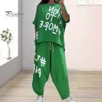 Женский летний наряд из 2 шт./компл., футболка с круглым вырезом и короткими рукавами, завязки на талии, шаровары с карманами, комплект, повседневный спортивный костюм с буквенным принтом 2XL розы красного