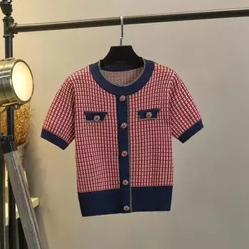 Женский летний новый брендовый дизайн с круглым вырезом и бриллиантами на пуговицах, вязаный пуловер, топы в стиле ретро, хитовый цвет, тонкий свитер с короткими рукавами One Size красный