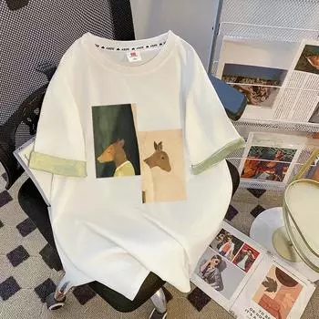 Женский летний новый китайский стиль свободный цветной контрастный маленький короткий рукав топ M белый