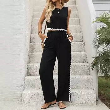 Женский летний новый классический комплект из двух предметов: майка без рукавов и длинные брюки с цветочным принтом S чёрный