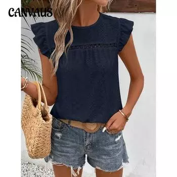 Женский летний новый круглый вырез кружева однотонный оборчатый короткий рукав топ S розовый